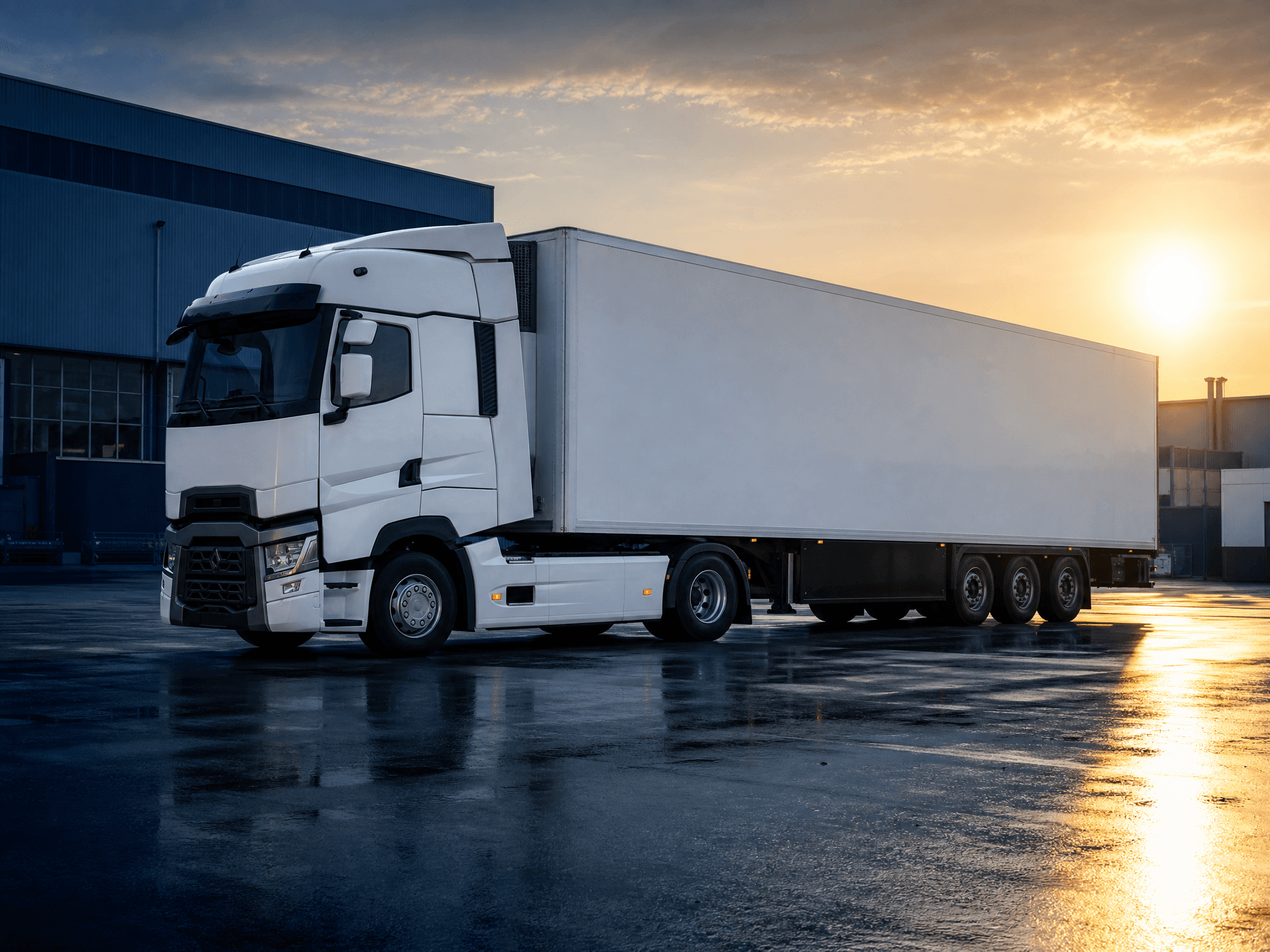 Renault T-cab skapbil på et logistikkområde ved daggry
