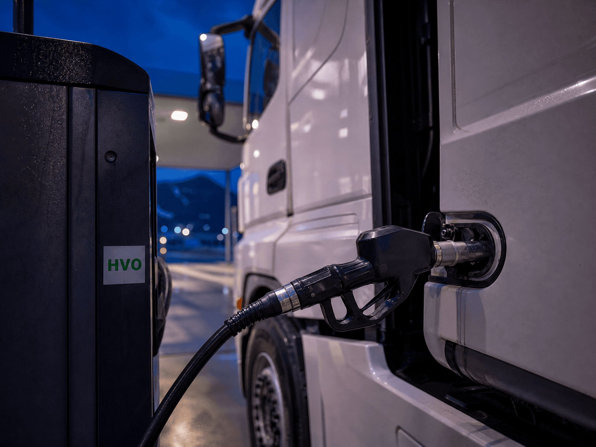 HVO-fornybar diesel-pumpe ved en moderne Euro 6 lastebil-cab